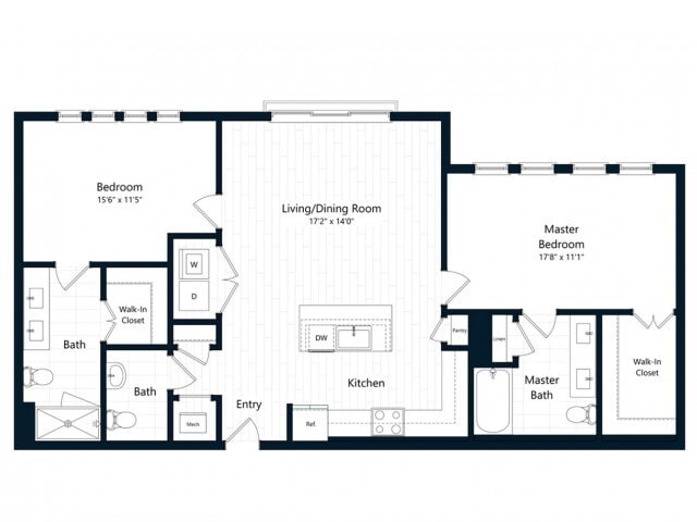 Floor Plan - Two Bedroom Two Bath (1214 SF)