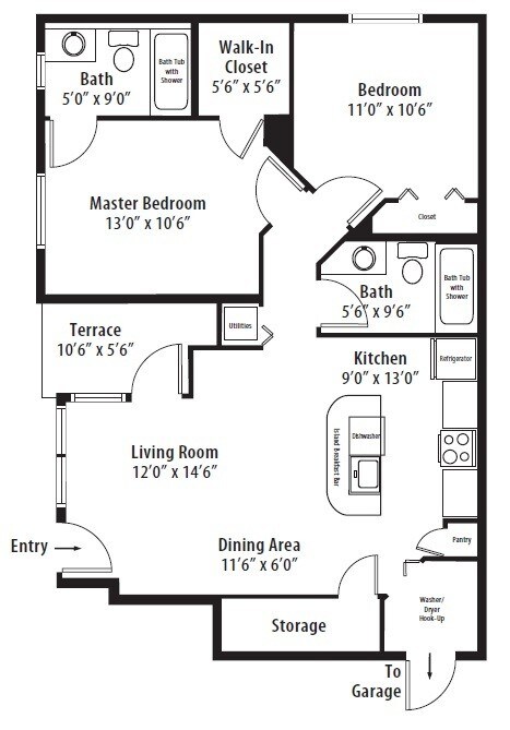 Floor Plan - 2 BR Designer Courtyard Garage