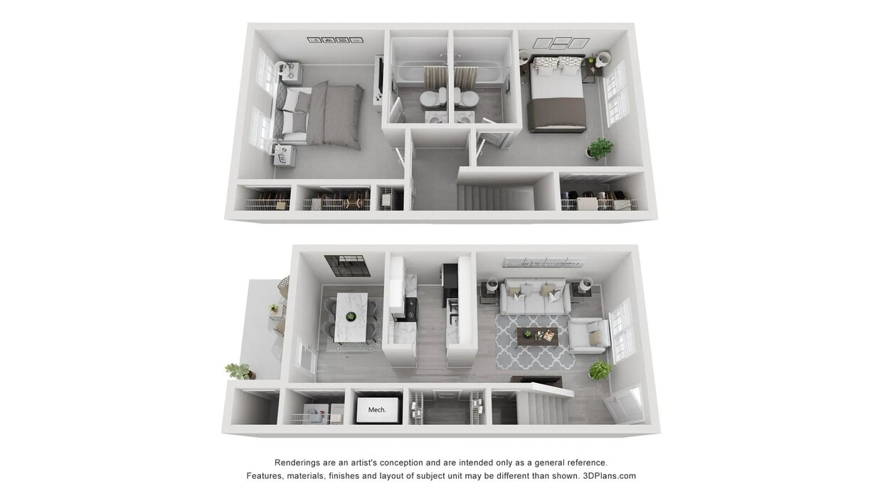 A 3D rendering of The Saluda, our 2 bedroom 2 bathroom floor plan - The Saluda