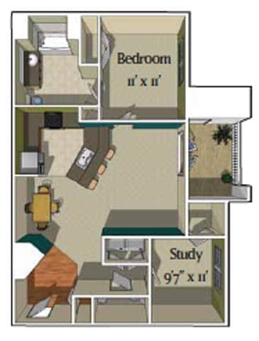 Floor Plan - Alta  1 bedroom 1.5 bath, study