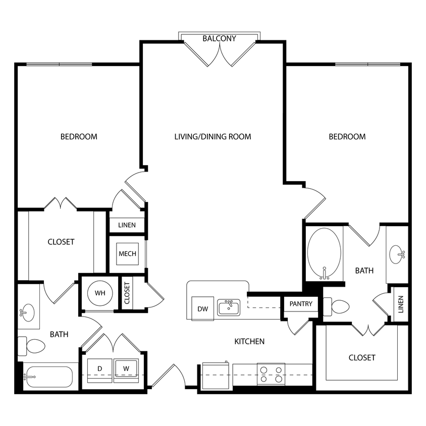 Floor Plan - 2 Bedroom, 2 Bath 1108 SF KC1.5