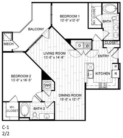 Floor Plan - 2 Bed, 2 Bath - C1