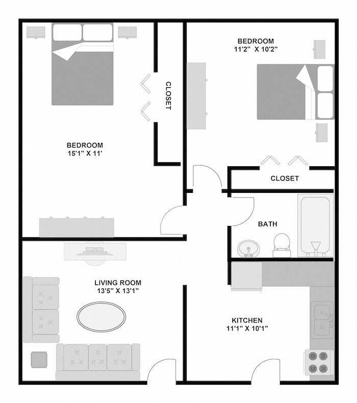 Floor Plan - 2 Bed 1 Bath Large