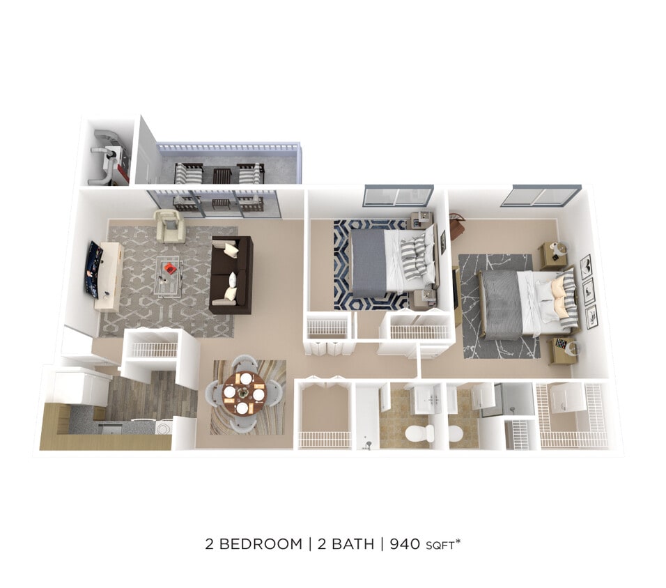 Floor Plan - Two Bedroom 2 Bath - 940 sqft