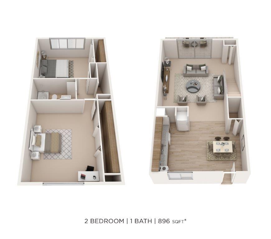 Floor Plan - Two Bedroom Townhome - 896 sqft
