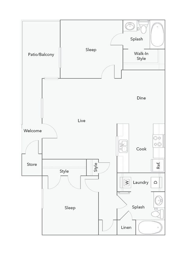 2 Bed 2 Bath B Floorplan - 2 Bed 2 Bath B