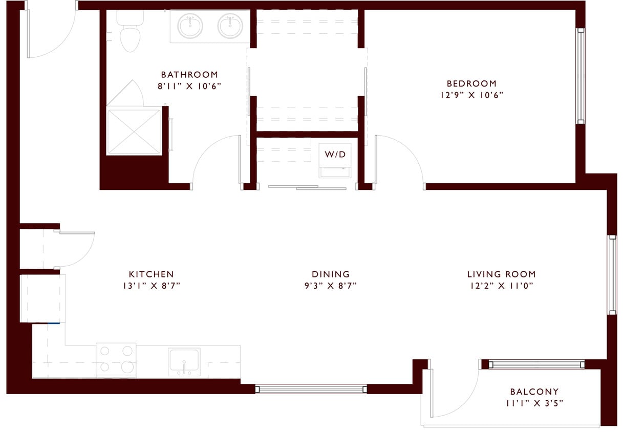 Explore the sleek layout of this modern apartment, featuring spacious living areas and a cozy balcony. - A9