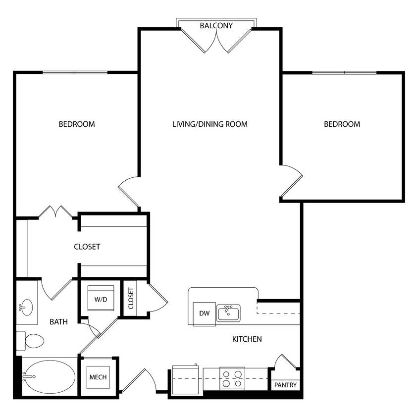 Floor Plan - 2 Bedroom, 1 Bath 964 SF KC161