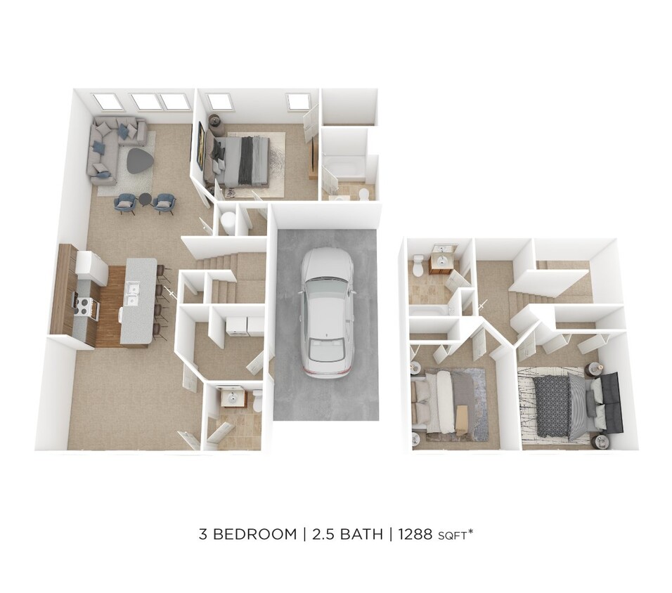 Floor Plan - Two Bedroom 2.5 Bath- 1,288 sqft