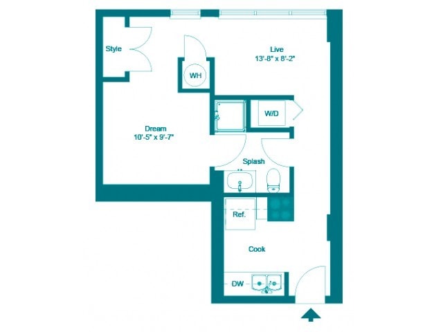 Viridian Floorplan - Studio One Bath (488 SF)