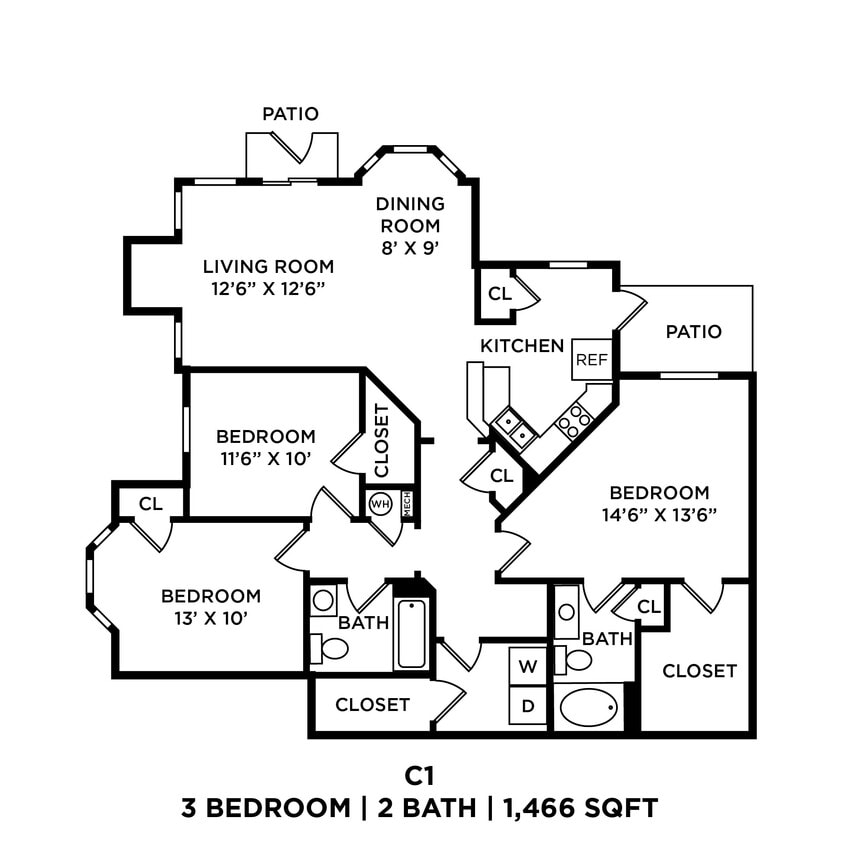 Floor Plan - Three Bedroom 2 Bath - 1,466 sqft