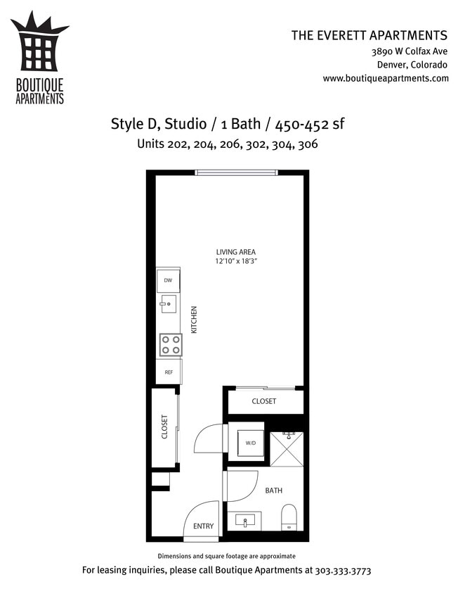 Style D, Studio/1BA, 450-452sf - Style D