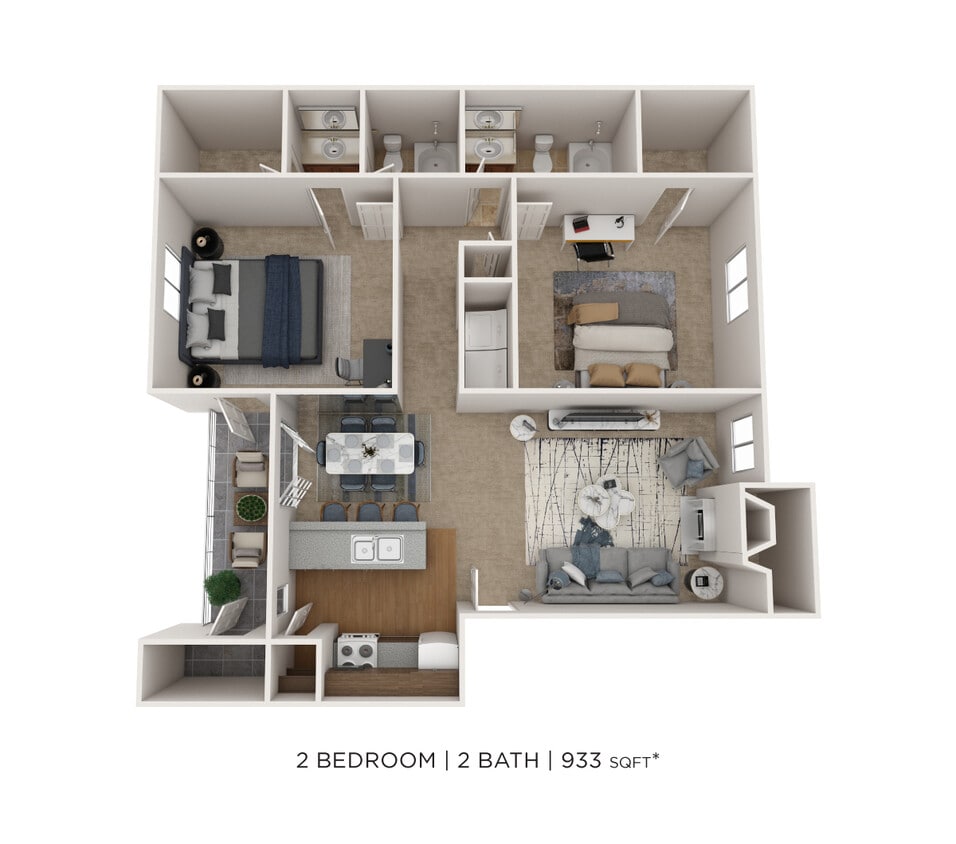 Floor Plan - Two Bedroom 2 Bath- 933 sqft