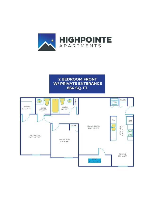 Floor Plan - 2 Bed, 1.5 Bath - 864 sq ft