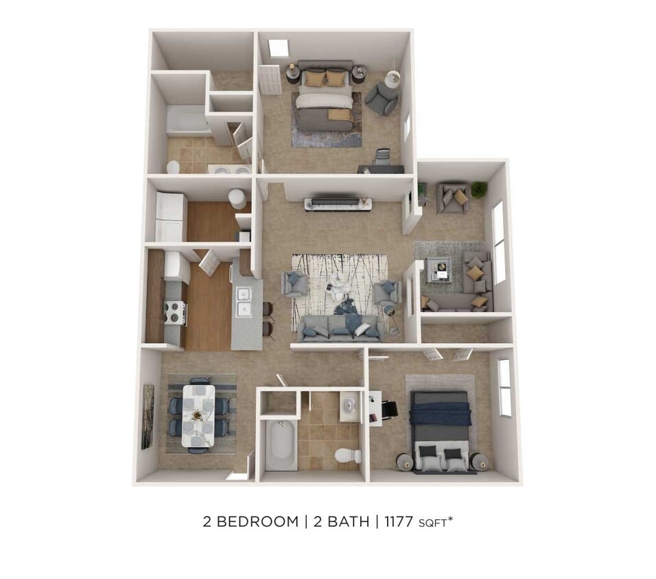 Floor Plan - Two Bedroom 2 Bath - 1,177 sqft