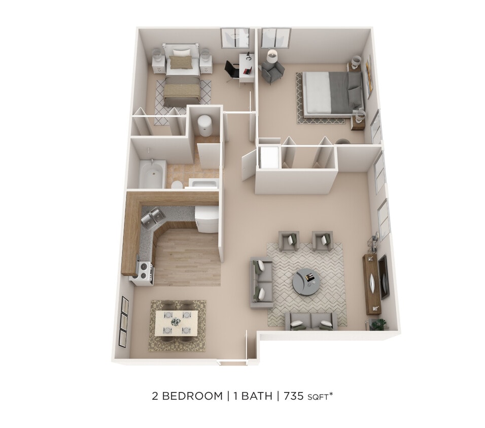 Floor Plan - Two Bedroom- 735 sqft