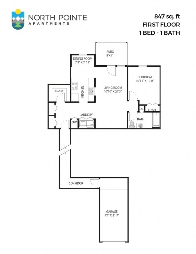 Floor Plan - 1 Bed, 1 Bath - 847 sq ft