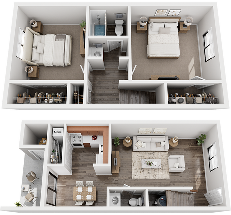 Colonial Village 2x1.5 Townhome Floor Plan - 2 Bedroom x 1.5 Bath Townhome - Standard