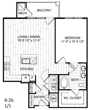 Floor Plan - 1 Bed, 1 Bath - B2b