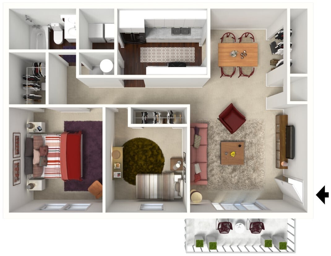 Village Green - 2B1B - Mulberry 924-975 SF - 3D Furn.jpg - Mulberry Premium