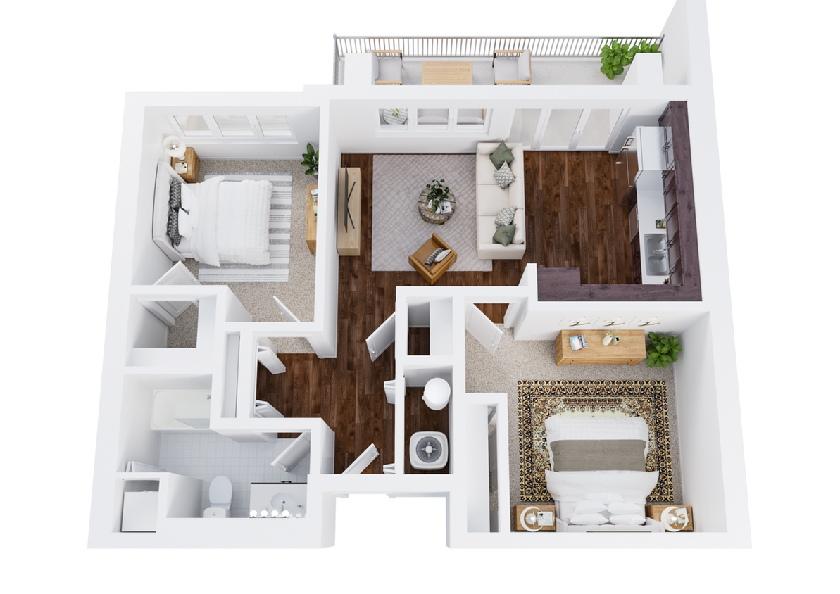 Two-Bedroom, One-Bathroom with Balcony Floor Plan Rendering - 2x1 Balcony