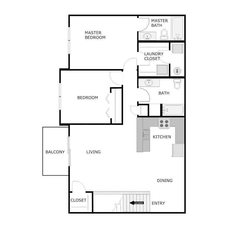 Floor Plan - 2 Bed 2 Bath - Upper Interior