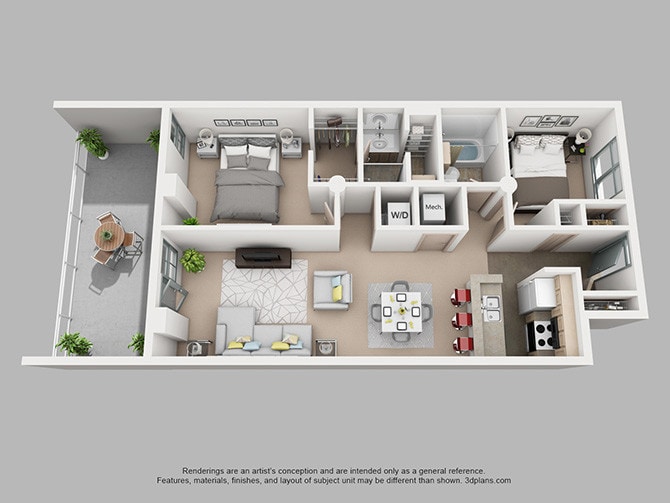 Floor Plan - 2 Bedroom 2 Bath with Balcony, Patio