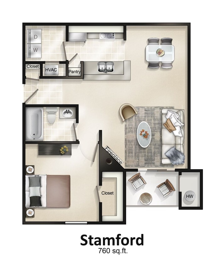 Floor Plan - 1 Bedroom with Balcony or Patio Stamford 