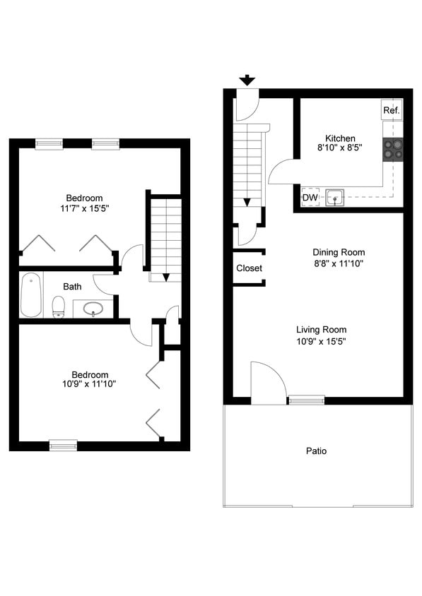 Floor Plan - 2 Bedroom, 1 Bath Townhome