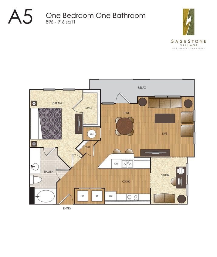 Floor Plan - A5 1 BR / 1 BA / Study
