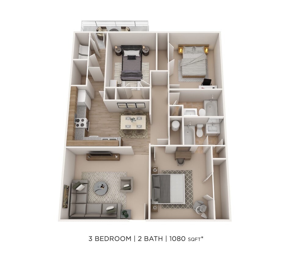 Floor Plan - Three Bedroom 2 Bath- 1080 sqft