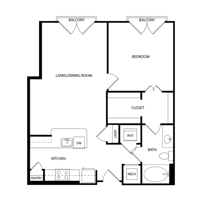 Floor Plan - 1 Bedroom, 2 Bath 780 SF KA9