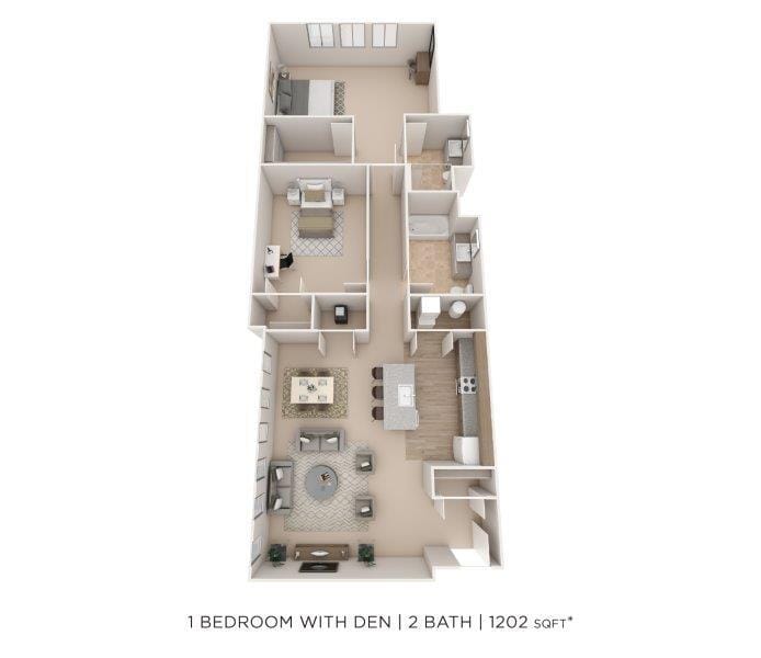 Floor Plan - One Bedroom 2 Bath w/ Den- 1202 sqft