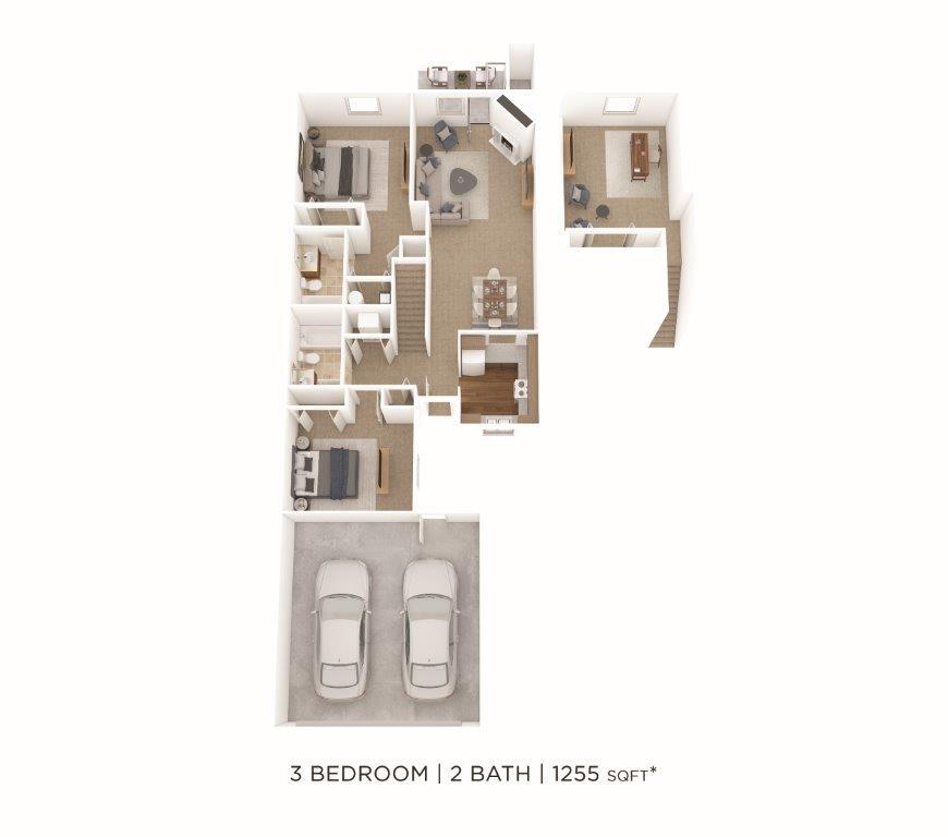 Floor Plan - Three Bedroom 2 Bath Townhome- 1255 sqft