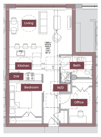 Floor Plan - 1BR + Office/Den Floor Plan M | Lofts South