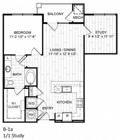 Floor Plan - 1 Bed, 1 Bath, Study - B1a