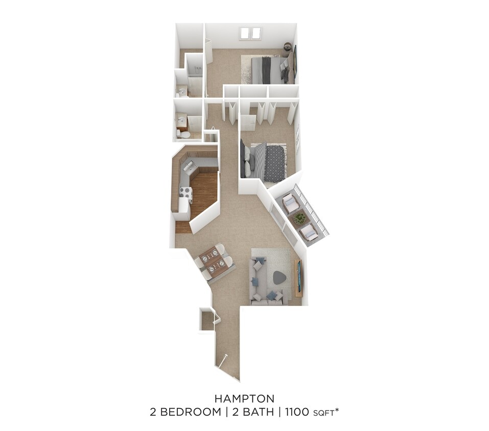 Floor Plan - Two Bedroom 2 Bath- 1,100 sqft