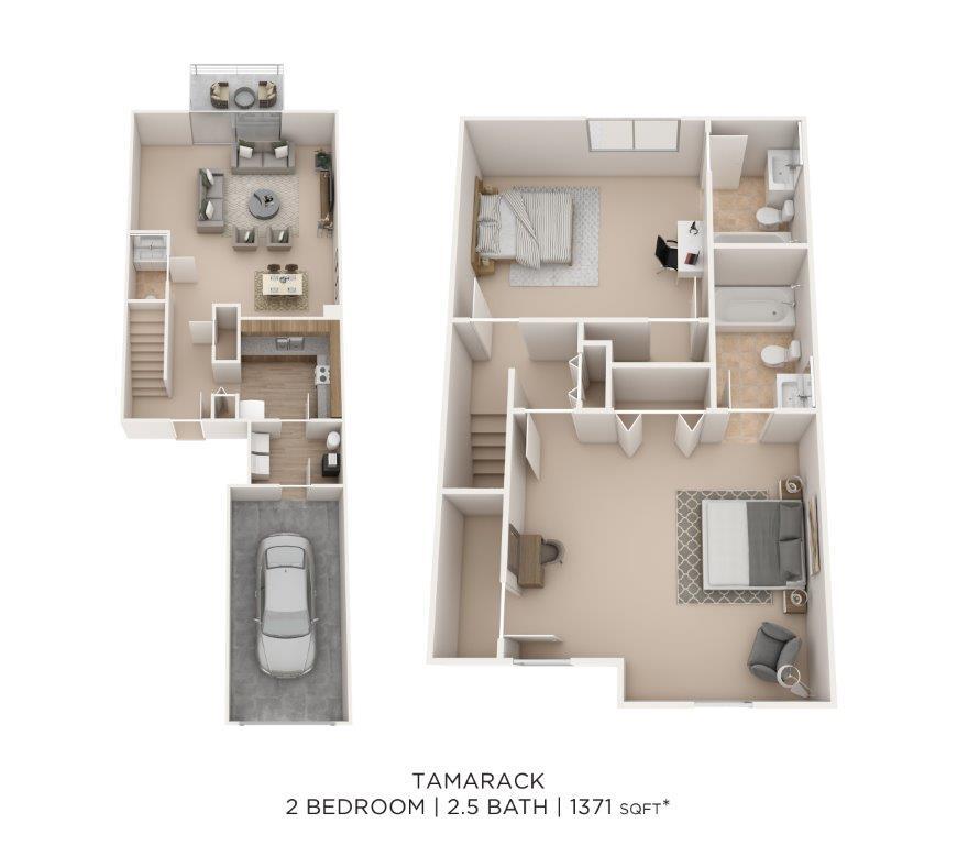 Floor Plan - Two Bedroom 2.5 Bath Townhome-1371 sqft