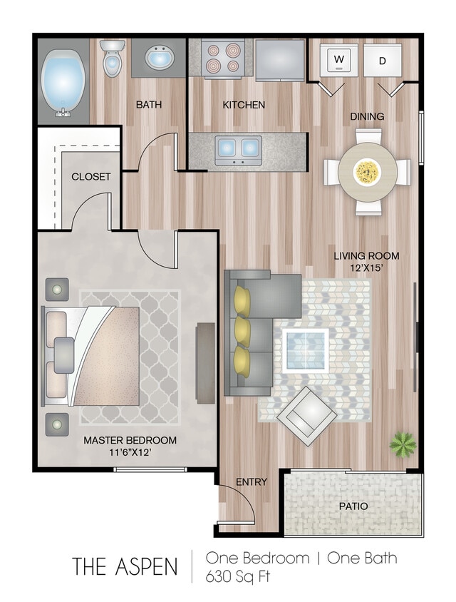 630 Square Feet (*Washer & Dryer in Select Units) - The Aspen with Washer & Dryer