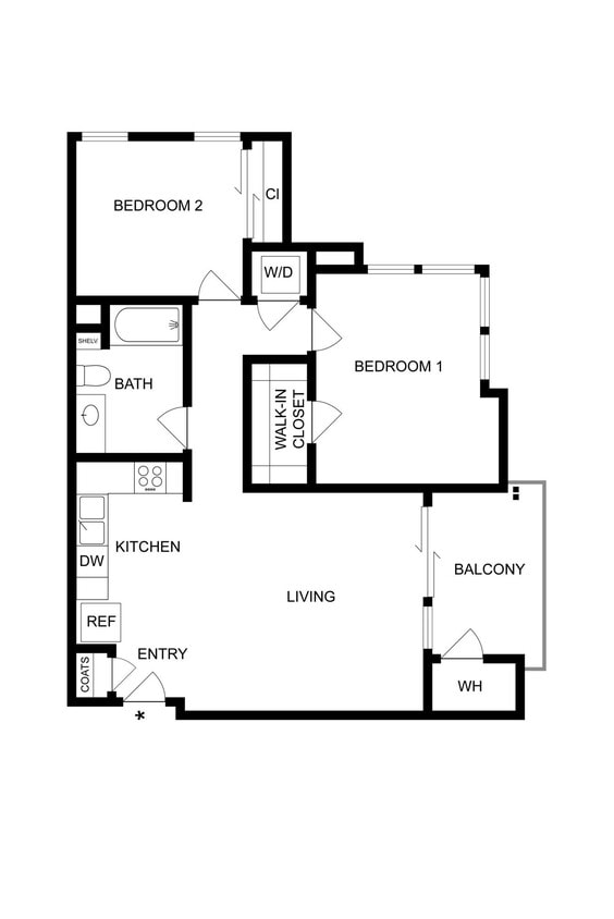 Floor Plan - 2BD, 1BTH B1