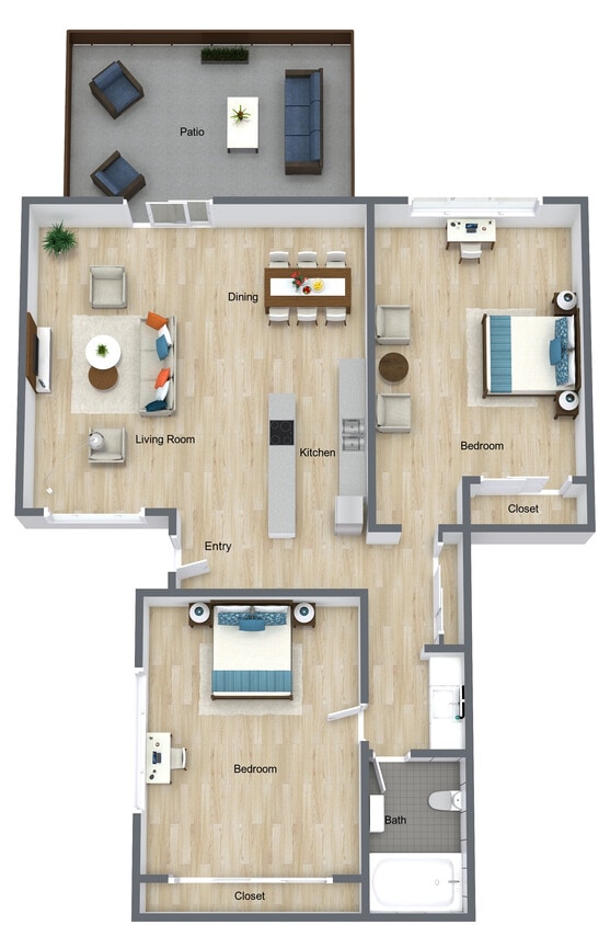 2 Bedroom 1 Bath w/Patio - 2x1 W/Patio