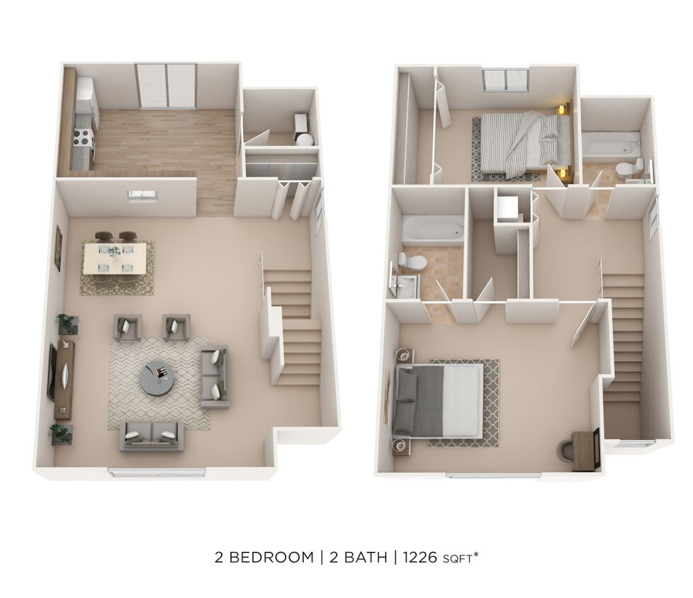 Floor Plan - Two Bedroom 2 Bath Townhome - 1,226 sqft