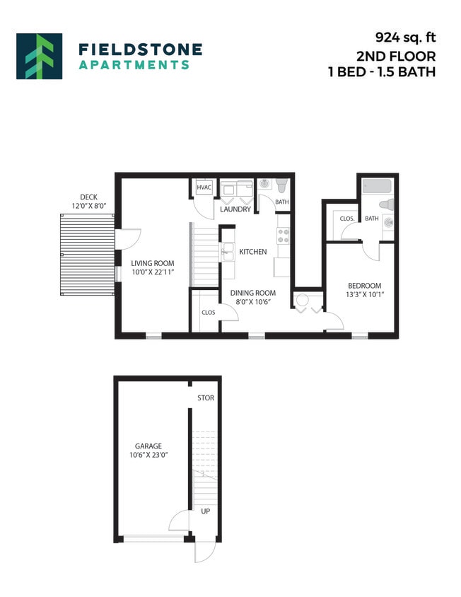Floor Plan - 1 Bed, 1.5 Bath - 924 sq ft