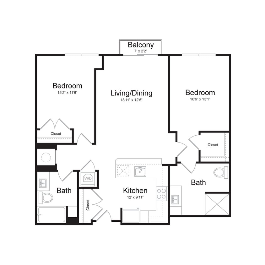 Floor Plan - Two Bedroom/Two Bath (2C-A) Balcony