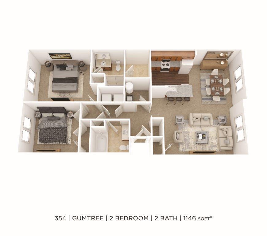 Floor Plan - Two Bedroom 2 Bath- 1,146 sqft