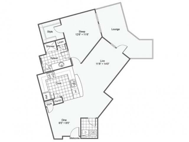 Floor Plan - 1 Bed 1 Bath Washer Dryer H