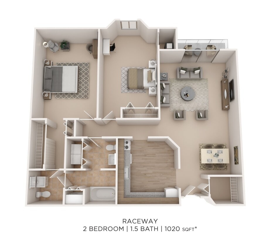 Floor Plan - Two Bedroom 1.5 Bath- 1020 sqft