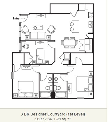 3 BR / 2 BA, 1281 sq. ft - 3 BR Designer Courtyard