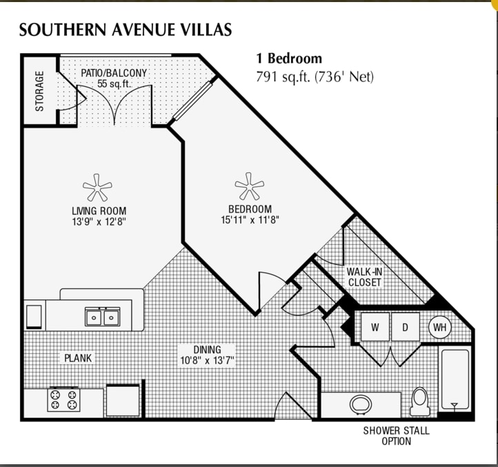 Floor Plan - 1 Bed 1 Bath 791 SqFt (736 Net)
