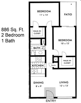 2BR/1BA - 2x1 886 SF